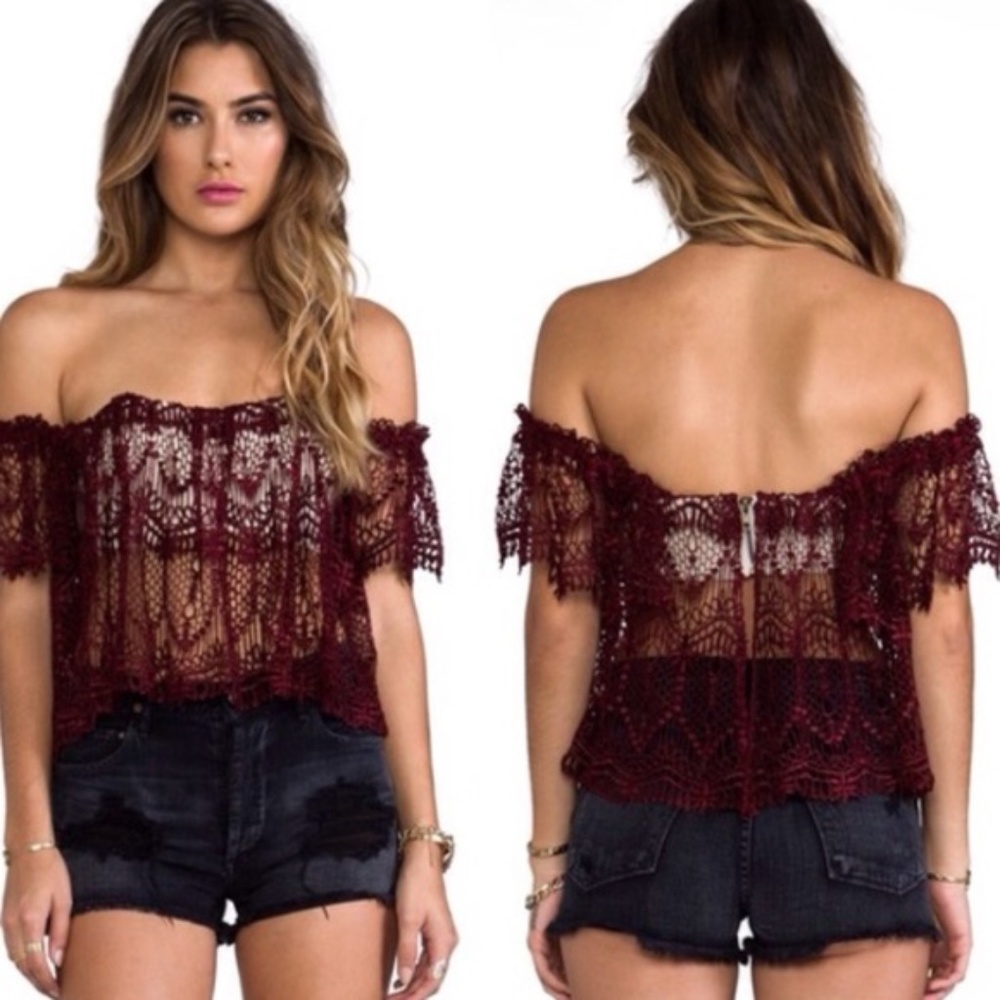 Stone Cold Fox Holy Tube Lace Off the Shoulder Top in Merlot size 1